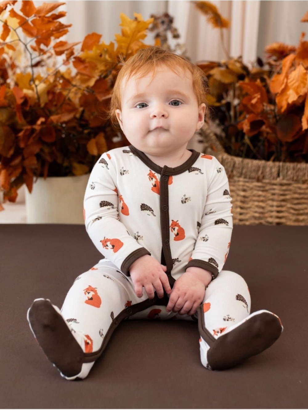 Cream Kyte Baby Fox and Hedgehog Print Footed One-Piece with Brown Trim